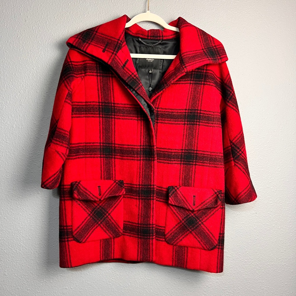 Talbots‎ Petites Red Black Plaid Wool Alpaca Blend Pea Barn Coat Jacket Small P